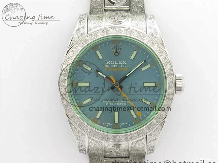 0514 Contemporary Milgauss 116400 904L Engraved SS DJF 11 Best Edition Blue Dial on 904L Engraved SS Bracelet A2836 (Real Green Sapphire Crystal) 3068